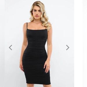 Ruched Bodycon Midi Black Slip Dress Size M